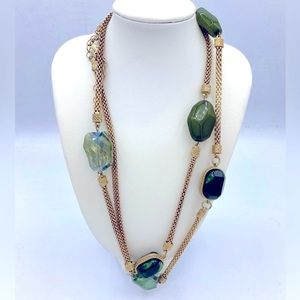 Vintage Textured Gold Tone With 6 Green Colored Beads Long Necklace. Art Deco